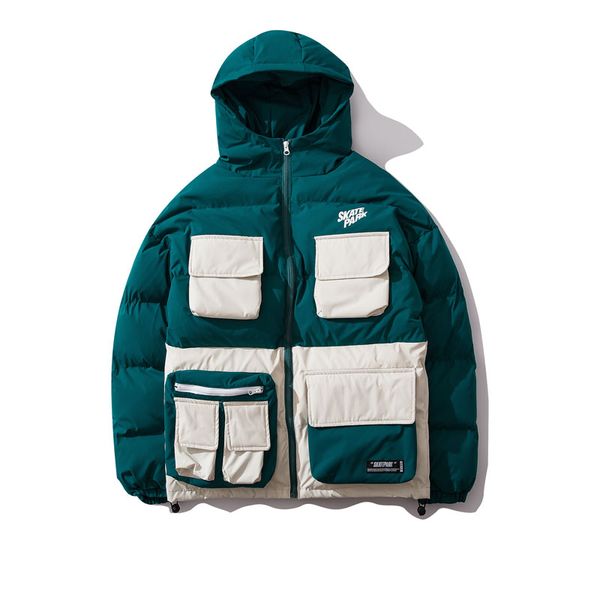 

mulit pockets color block patchwork hooded parkas streetwear harajuku hip hop casual cotton padded thick jackets coats, Black