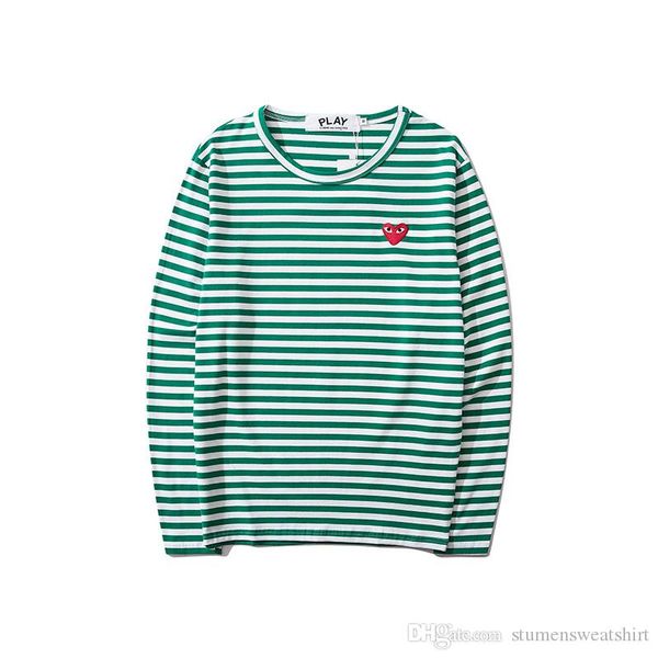 

играть весна женская футболка модельер высокое качество топы классический красный сердце глаза вышивка логотип зеленая полоса с длинным рука, White