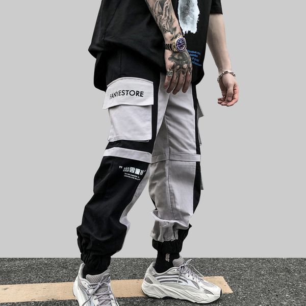 

color block cargo harem joggers track pants hip hop casual baggy sweatpants streetwear fashion hipster pants trousers, Black