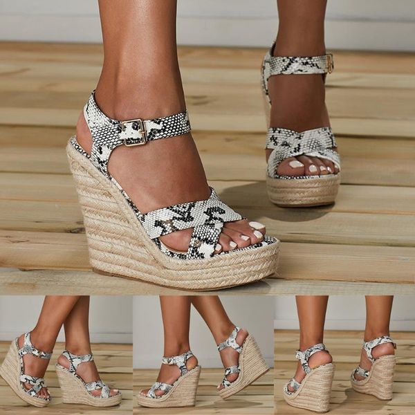 

new summer wedge sandals womens flat open toe wedges snake print rope shoe comfortable roman shoe sandals female shoes, Black