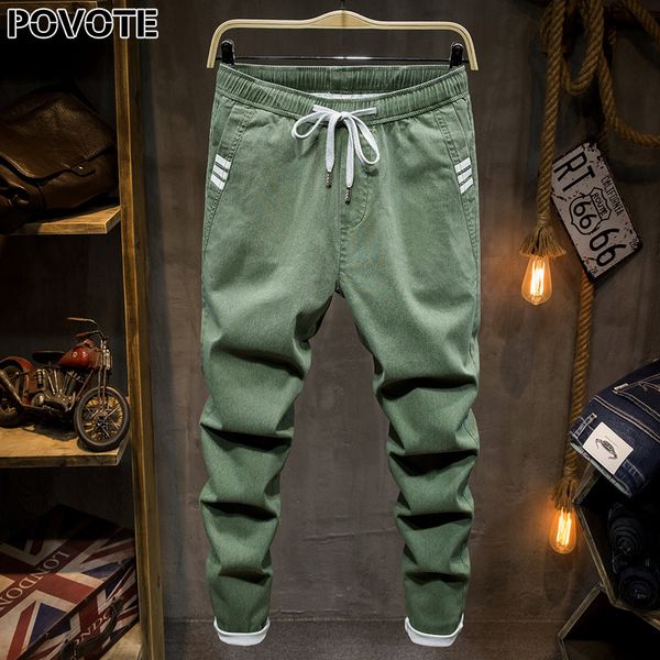 

povote 2020 new green casual jeans men's loose straight pants men's korean trend all-around elastic, Blue