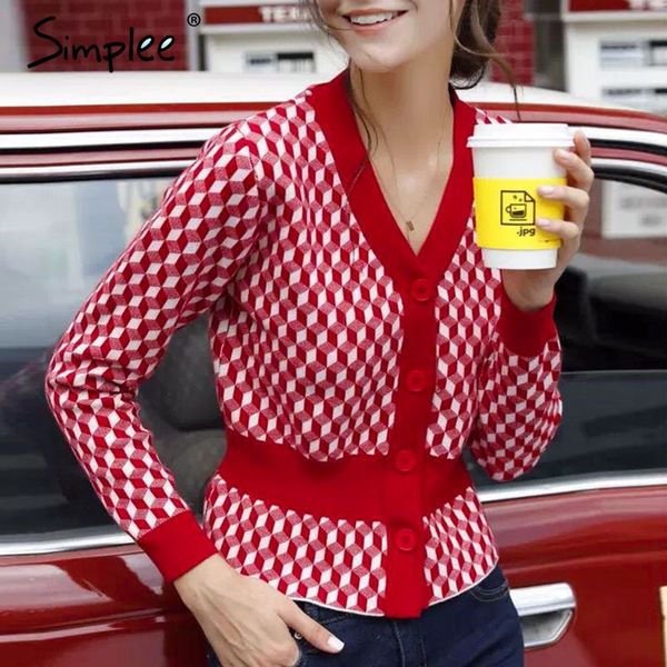 

simplee v-neck plaid women cardigan coat elegant elastic high waist female sweater cardigan long sleeve autumn winter, White
