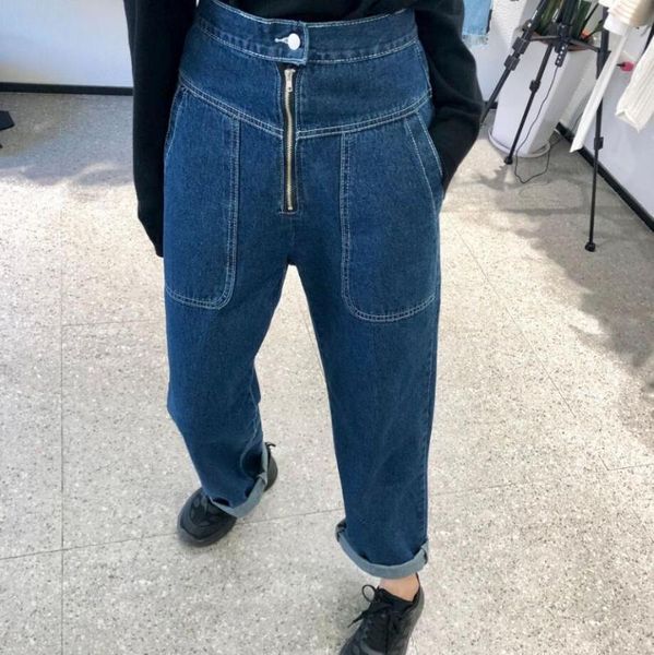 

2020 весна осень винтажная мода прямые джинсы женщины высокая талия повседневные свободные широкие джинсовые брюки r529, Blue