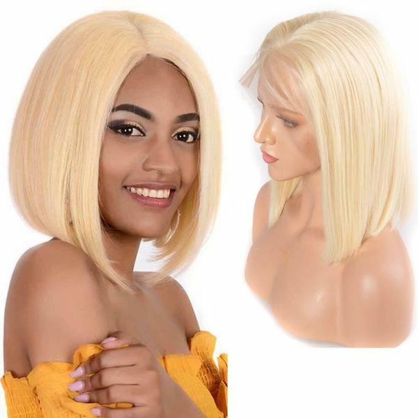 

hd transparen 613 ombre blonde 13x6 lace front human hair wigs brazilian short bob straight remy frontal wig, Black;brown