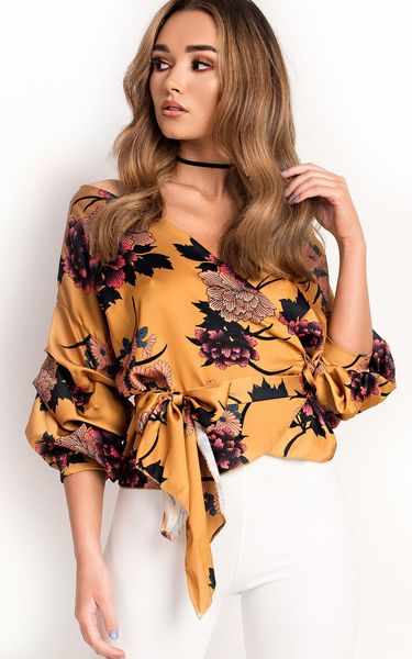 

women blouse v neck floral print large size casual belted tunic shirt female women clothes, White