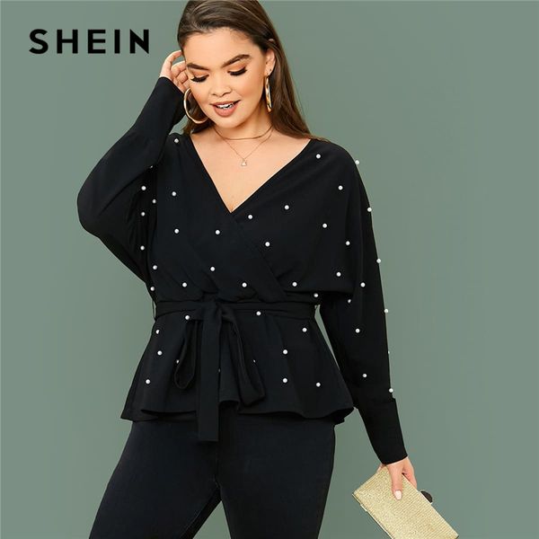 

shein plus size black surplice neck dolman sleeve pearls beaded belted women spring solid elegant office lady peplum blouses, White