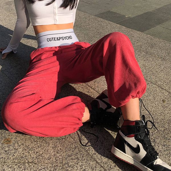 

letter loose legs loose women casual plus size punk hip hop ulzzang corduroy vintage harajuku harem pants high waist trousers, Black;white