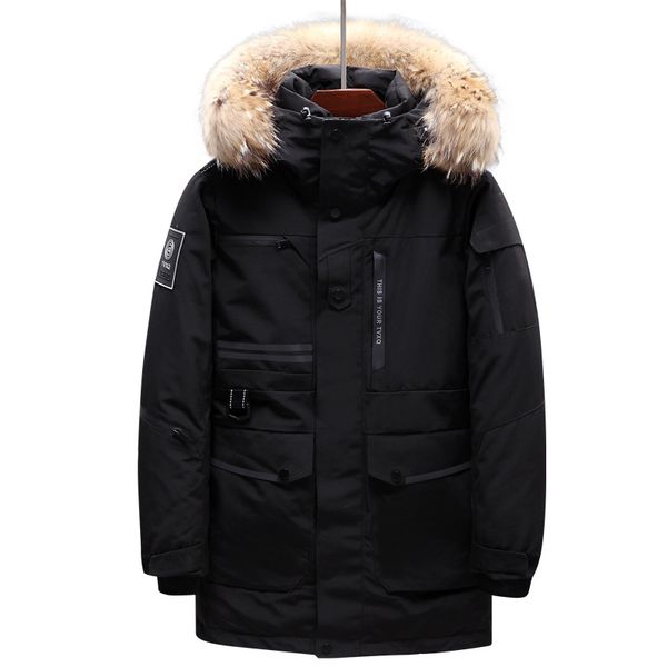 

mens 91% white duck down jacket winter windproof and warm down coat men raccoon fur collar men winter parkas, Black