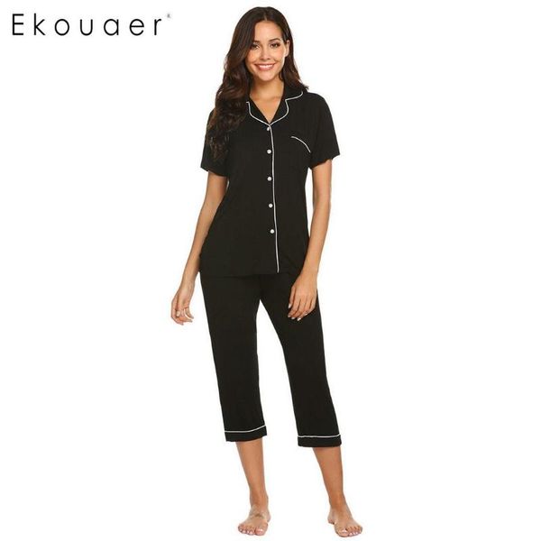 

ekouaer women sleepwear pajama set casual solid short sleeve shirts calf length pants pajamas sets nightwear homewear suits xxl, Blue;gray