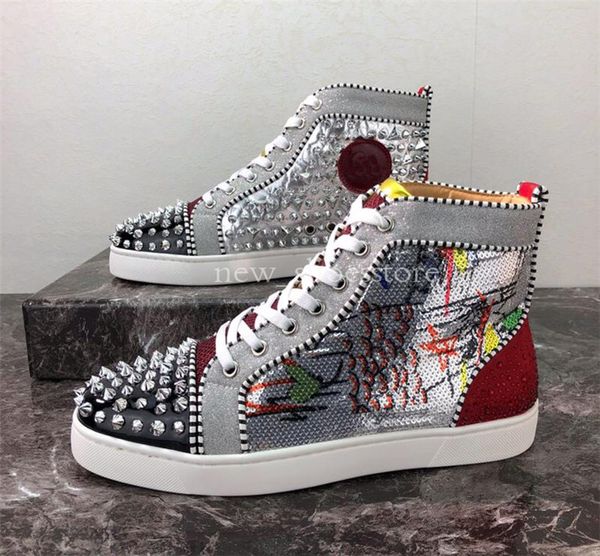 

2019 luxury de igner red bottom tudded pike men women ca ual hoe fa hion in ider neaker black red white leather high boot