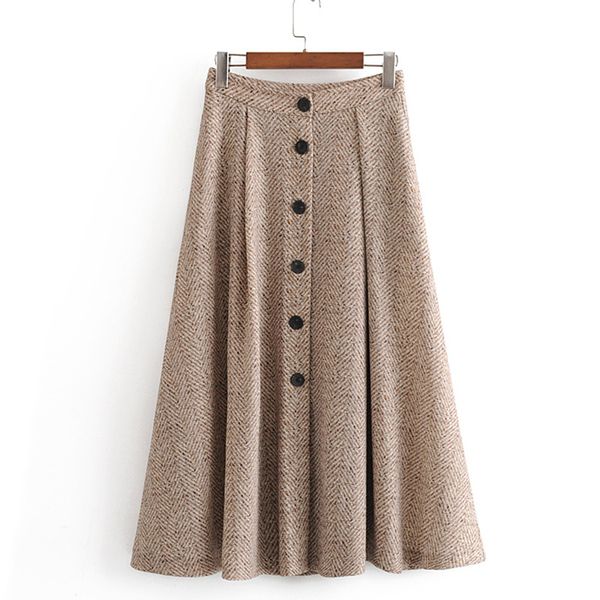 

rr loose buttons skirts women fashion casual herringbone twill skirt women elegant mid calf skirts female ladies ju, Black