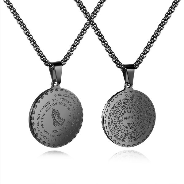 

women men exquisite round pendant praying hands stainless steel long necklace gift jewelry accessories religious daily worship, Silver