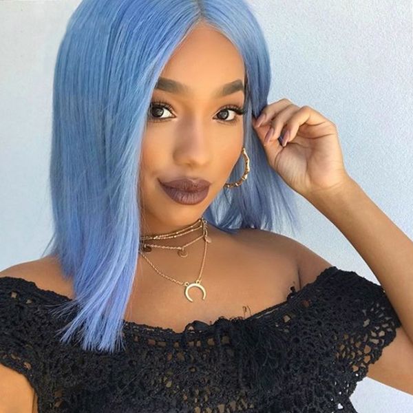 Middle Parting Straight Blue Hair Short Bob Lace Front Wig Hot