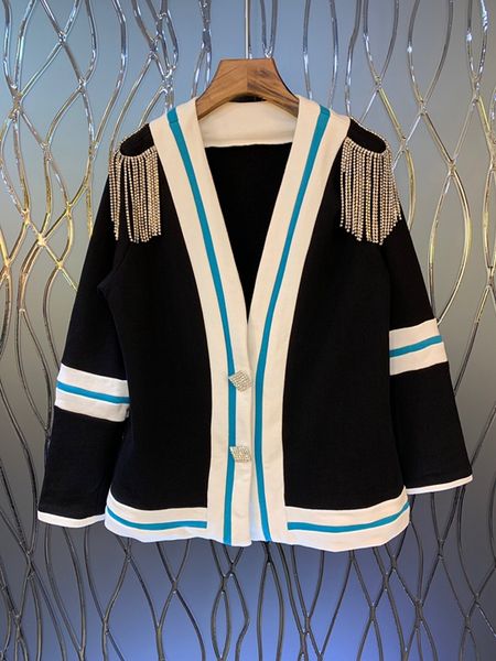 

2019 early autumn new women's stripe matching, bordered sleeve shoulder nails, pearl-fringed cashmere knitted shirt 805, Black;brown