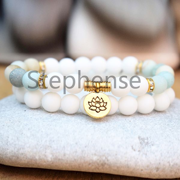 MG0627 Women`s Matte Amazonita Lotus Pulseira novo design Beads Shell Yoga bracelete Hot Sale Coração Chakra Bracelet Mala