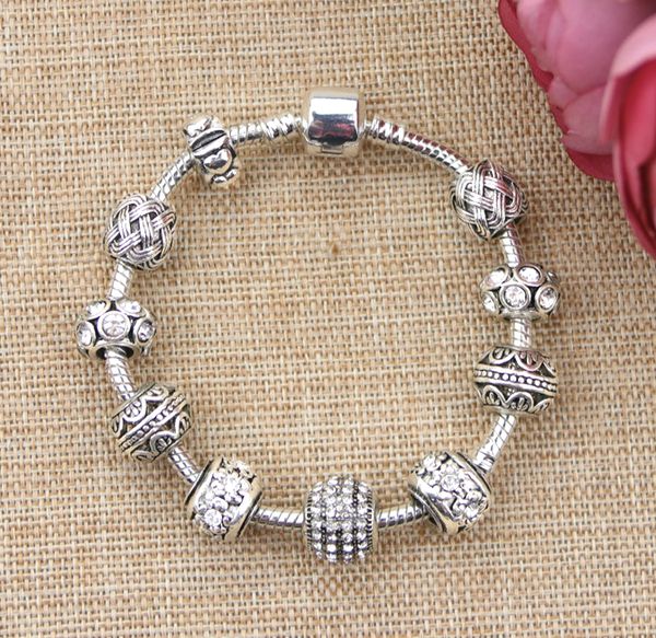 

retro minimalism antique silver plated fashion elegant charm pan bracelets & bangles with white chamilia beads for women, Black