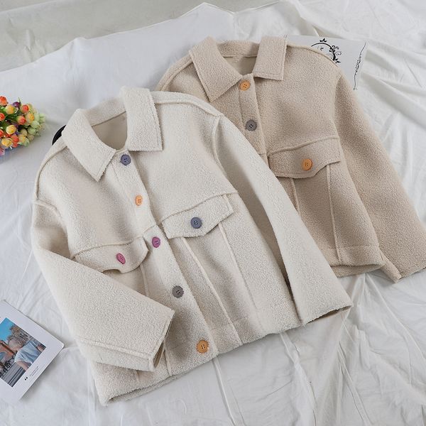 

2019 new fashion women's jacket coat autumn and winter solid color lapels loose thick short coat a492, Black