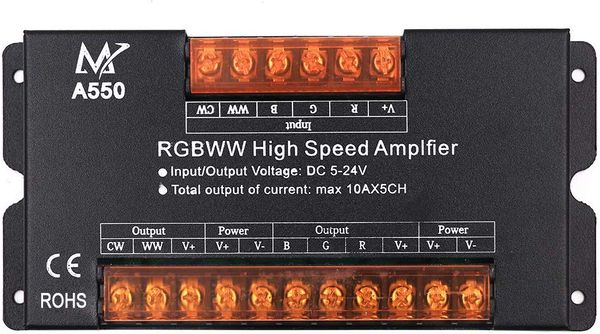

rgbww high speed power amplifier, upgraded 50a data signal repeater 5ch channels for 5050 rgbcct rgb rgbww rgbcw led lights strip, dc 5-24v