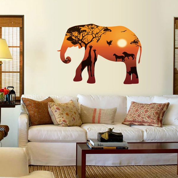 Wall Stickers Home Wall Decor Elephant Cucoloris Living Room Bedroom Decoration Golden Sunset Poster Mural Wallpaper Wall Decals Wall Art Vinyl Decals