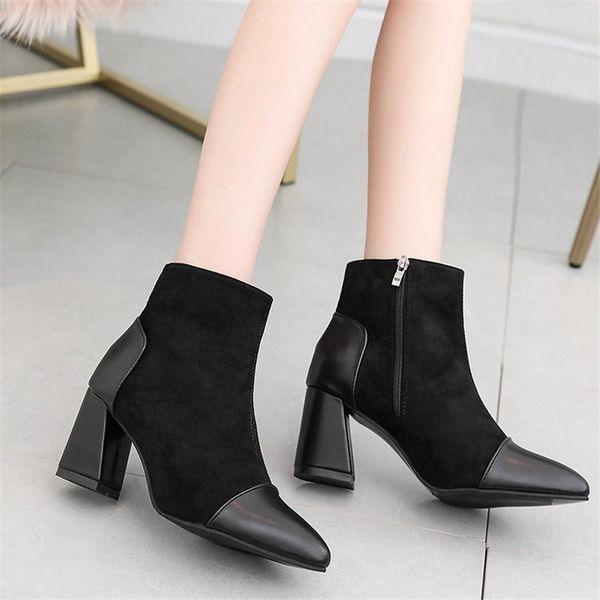 

pointed toe square heel high heels british women boots 2019 new spring autumn shoes fashion patchwork mixed colors fashion boots, Black