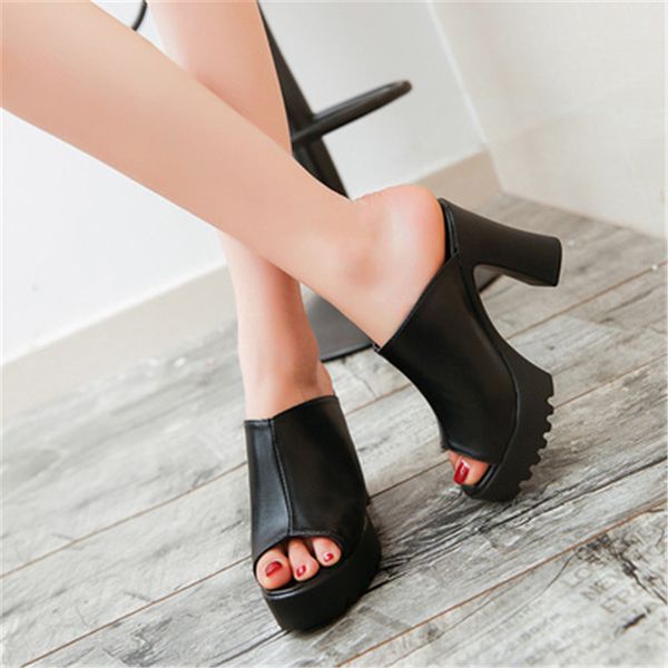 

2020 women high heel mules black peep toe platform mules ladies leather sole slippers femal slip on sandals shoes