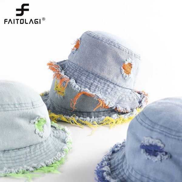 

denim kids bucket hat with holes summer cowboy baby boy girl sun hat children outdoor fisherman cap, Yellow