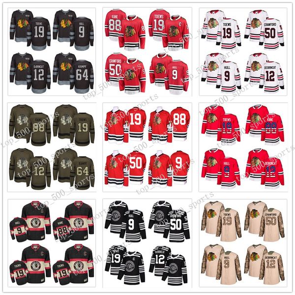 

custom chicago blackhawks jersey 9 bobby hull 88 patrick kane 19 jonathan toews 12 debrincat 50 crawford 64 keith dach sharp usa flag hockey, Black;red