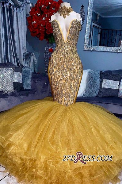 

Real image tunning high neck yellow bead cry tal formal evening dre e 2019 mermaid ruffle tulle long event prom gown party dre