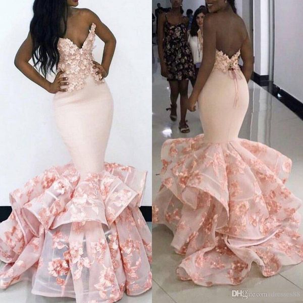 

pink mermaid prom dresses handmade 3d floral flowers formal evening occasion wear south african vestidos tiered ruffles p018, Black