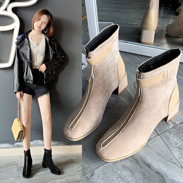 

zipper women's short boot shoes lace up autumn boots booties ladies luxury designer chunky heel round toe low heels booties, Black