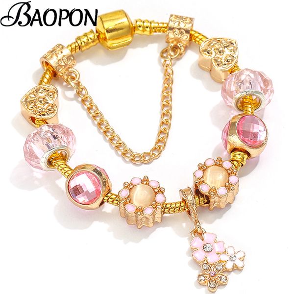

baopon spring style charm bracelets for women gold color flower beads bracelets bangles fashion jewelry diy pulseras femme gifts, Golden;silver