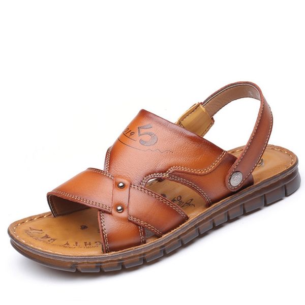 

2019 summer new leather beach shoes men's casual sandals and slippers youth fashion trend breathable shoes, Black