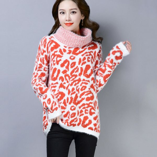 

2019 new leopard print sweater women casual warm thick turtleneck bat sleeve knitted pullover sweater cc910, White;black