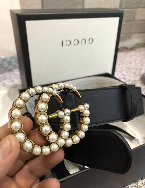 

selling men's and women's belts in 2020 double pearl letter buckl, designer fashion casual men's women `belts, with box, Black;brown