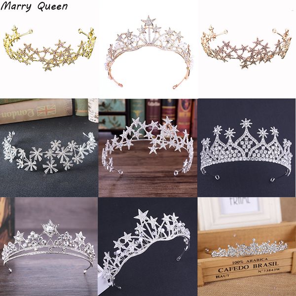 

new baroque fashion star crown rhinestone tiara for bridal wedding star headdress handmade crystal hair accessories headbands, Golden;white
