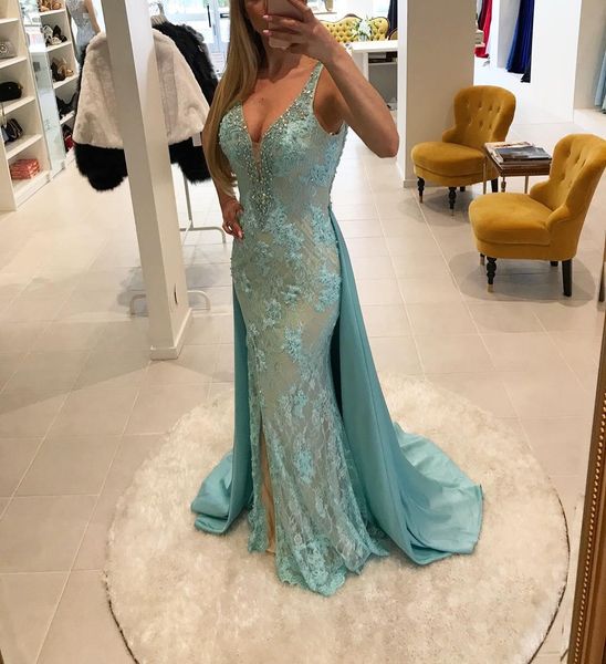 

gorgeous v neck sleeveless mermaid evening dresses mint green lace beaded long formal prom dresses with detachable skirt, Black;red