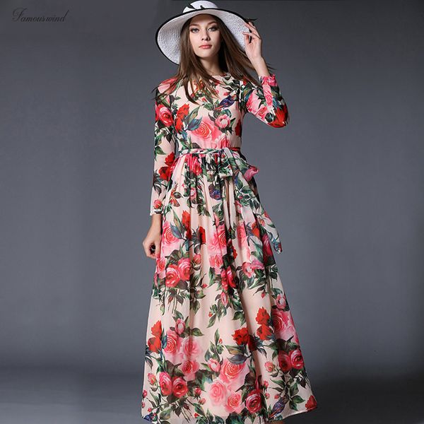 

woman chiffon long dress rose floral overlay print longue sashes dress casual dresses female autumn vintage long sleeve pleated dress, Black;gray