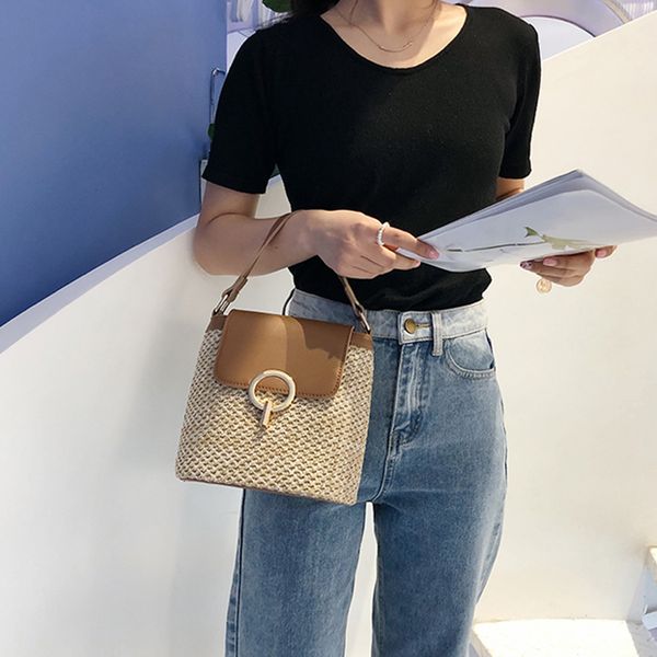 

swdf bags for women 2019 summer new simple straw beach bag casual texture crossbody messenger straw bucket bag ladies purses