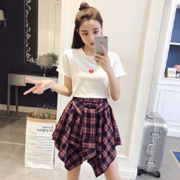 

two piece dress 2021 summer korean 2 set women elegant short sleeve t-shirt + fashion high waist irregularity lattice skirt, White
