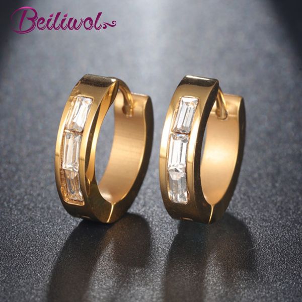 

beiliwol trendy hoop earrings for women gold-color 316l stainless steel square cubic zirconia party accessories female gift, Golden