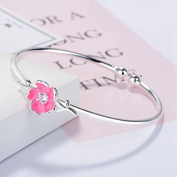 

fashion cherry blossoms silver color adjustable bracelets pink purple crystal flower opening bangles jewelry for women gift, White
