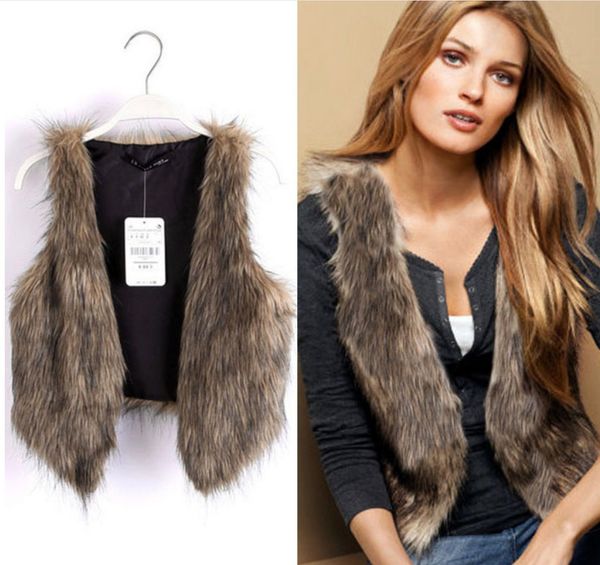 

new women's faux fox fur vest short furry shaggy woman fake fur vest fashion plus size fur vests waistcoat gilet, Black