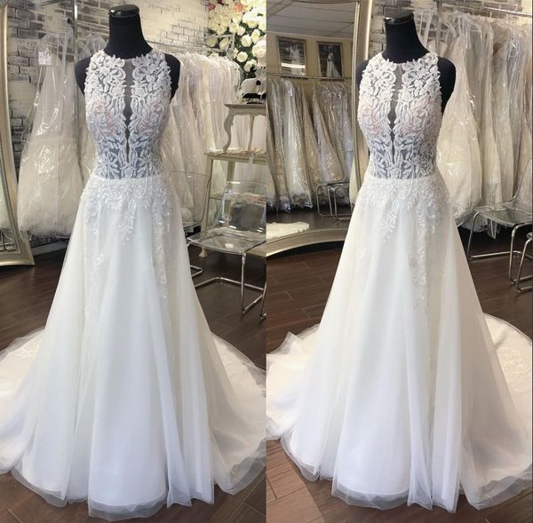 

2020 new wedding dresses lace appliqued sequins sleeveless button back wedding gowns real images a line bridal dress, White