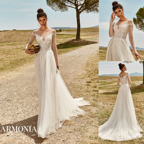 

modest bohemian tmarmonia a line wedding dresses jewel neck long sleeve tulle lace applique sequins wedding gowns sweep train robe de mariÃ©e, White