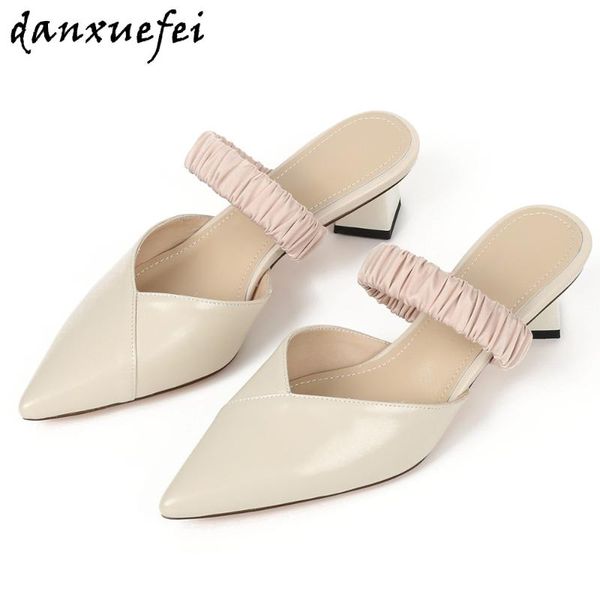 

women's genuine leather elastic band slip-on high heel slides summer pointed toe elegant ladies slim pumps shoes, Black