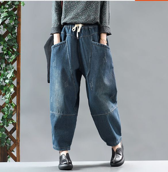 

denim women trousers 2019 autumn winter fleece elastic waist warm harem jeans pockets loose women pants, Blue