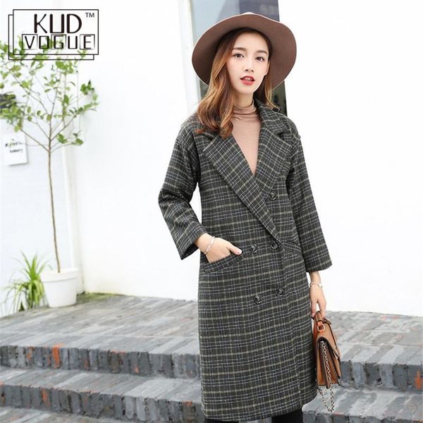 

winter jacket plus velvet thick plaid woolen coat female long loose plaid wool coat warm fleece office lady vintage wool outwear, Black