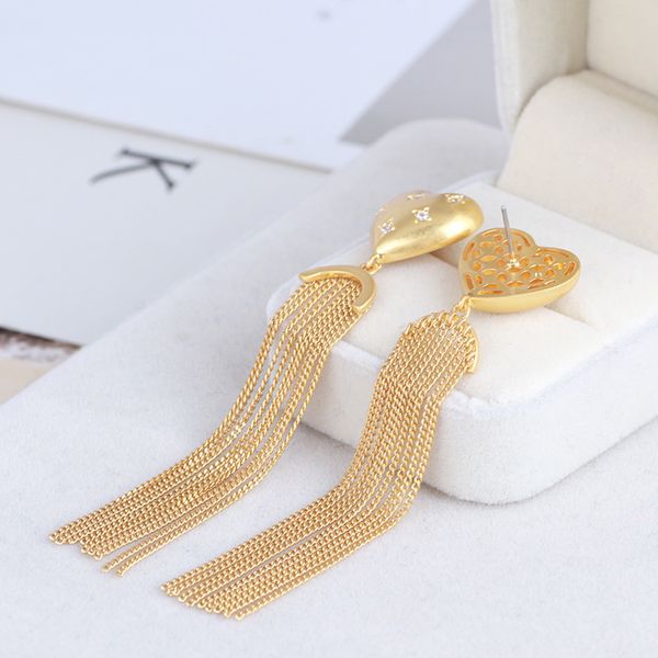 

fashion-charm 9cm length tassel of earring with 1.7*1.9cm charm heart and diamond for women wedding jewelry gift ps6755, Golden