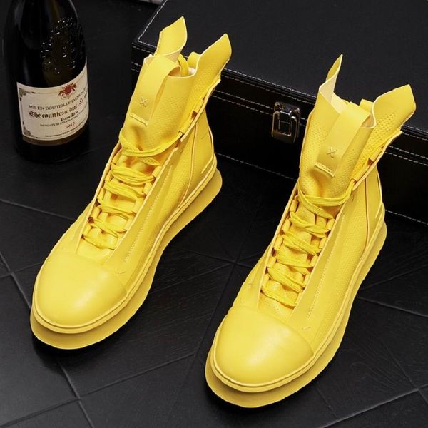 

New Arrival Fashion Men Yellow Casual Shoes High Top Lace Up Trending Man Leisure Shoes Platform Hip Hop Zapatos White #54340