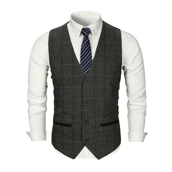 Neue Weste mit V-Kragen und vier Schnallen, karierte Tweed-Weste, Herren-Anzugweste, schlanke Bräutigam-Kleidungsweste, Hochzeitsweste